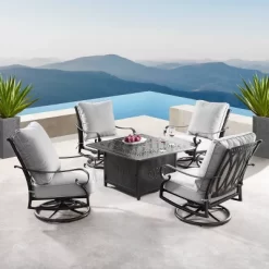 5pc Set With 42" Square Outdoor Aluminum Fire Table & Four Swivel Rocking Chairs & Wind Blocker Lid - Oakland Living