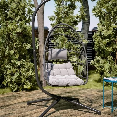 Emma And Oliver Awen Foldable Hanging Egg Chair With Woven Finish, Removable Cushions, And Included Stand For Indoor And Outdoor Use 10 Emma And Oliver Awen Foldable Hanging Egg Chair With Woven Finish, Removable Cushions, And Included Stand For Indoor And Outdoor Use - Image 8