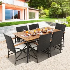 Costway 7PCS Patio Wicker Dining Set Cushion Acacia Wood Armrests Table With Umbrella Hole -Outdoor Furniture Store GUEST 01be03ba 7ee3 4fd9 882b c06713020f3e