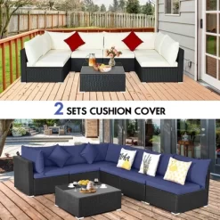 Costway 7PCS Patio Rattan Furniture Set Sectional Sofas Off White & Navy Cushion Covers -Outdoor Furniture Store GUEST 02ecd001 b681 45ef 8007 7398bd616f33