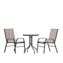 Emma And Oliver Three Piece Patio Table Set With Round Metal Frame Table With Tempered Glass Top And Two Flex Comfort Stacking Chairs -Outdoor Furniture Store GUEST 0318e892 1869 4938 9939 19727957b8f7