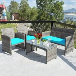Costway 4PCS Patio Rattan Furniture Set Conversation Glass Table Top Cushioned TurquoiseRed -Outdoor Furniture Store GUEST 0422fa28 be40 4030 807d 46ce0fb2997f