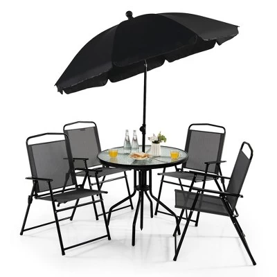 Costway 6 PCS Patio Dining Set Folding Chairs Glass Table Tilt Umbrella Garden 12 Costway 6 PCS Patio Dining Set Folding Chairs Glass Table Tilt Umbrella Garden - Image 10