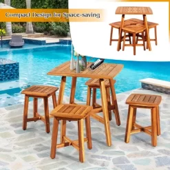 Costway 5PCS Acacia Patio Dining Set W/Square Table & 4 Stools Reddish Brown -Outdoor Furniture Store GUEST 04a27d38 d3c2 4c2a ab18 c2af65ab94f1
