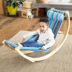 HearthSong - Kids Indoor Lightweight Wood And Blue Cotton Polyester Rocking Floor Hammock With Pillow, 50"L X 14"W -Outdoor Furniture Store GUEST 04f67f73 7dbd 4c56 8199 72b26a0e8a33