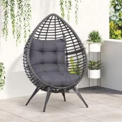 Outsunny Patio Wicker Lounge Chair With Soft Cushion, Outdoor/Indoor PE Rattan Egg Teardrop Cuddle Chair With Height Adjustable Knob For Backyard Garden Lawn Living Room