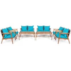 Tangkula 8PCS Patio Rattan Furniture Set Wood Frame Cushioned Sofa With Coffee Table Sectional Conversation Sofa Set For Garden Turquoise/Navy/Brown/Red -Outdoor Furniture Store GUEST 0862e8e8 a7f5 4a80 8cf9 5e18d0230906