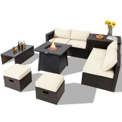 Tangkula 9PCS Outdoor Patio Furniture Set With 30" Propane Fire Pit Table PE Wicker Space-Saving Sectional Sofa Set W/ Storage Box & Cushions -Outdoor Furniture Store GUEST 0976d6b2 2502 4893 bd81 821c6d21a2e6