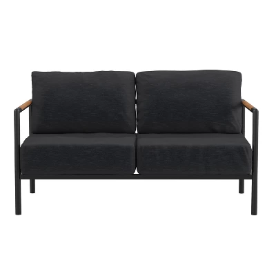 Emma And Oliver Aluminum Frame Loveseat With Teak Arm Accents And Plush Cushions 10 Emma And Oliver Aluminum Frame Loveseat With Teak Arm Accents And Plush Cushions - Image 8