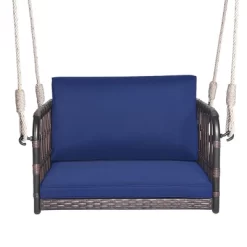 Costway Porch Swing Chair Rattan Woven Hanging Bench Seat With Cushions Hooks Balcony Navy -Outdoor Furniture Store GUEST 0a744694 4619 4cda 996a 98a09e049b99
