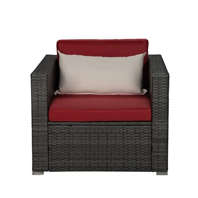 6pc Outdoor Rattan Wicker Conversation Set With Chairs, Coffee Table & Cushions - Gray/Red - GODEER 10 6pc Outdoor Rattan Wicker Conversation Set With Chairs, Coffee Table & Cushions - Gray/Red - GODEER - Image 8