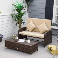 Outsunny Patio Wicker Loveseat Sofa Set, Outdoor PE Rattan Garden Assembled Sun Lounger Daybed Furniture, W/ Storage Ottoman & Side Tables/ Drink Trays For Poolside, Porch, Backyard -Outdoor Furniture Store GUEST 0d1e3b6f c4f0 4ceb 97f0 e7d3ddf65587