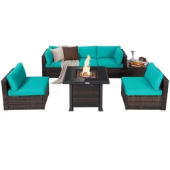 Tangkula Patio Rattan 7PCS Cushioned Chair Set Furniture Set Thick Cushion W/ 50,000 BTU Propane Fire Pit Table For Garden Black/Navy/Red/Turquoise/Off White -Outdoor Furniture Store GUEST 0d2912f6 08a4 4244 b548 501925fdbb9d