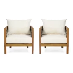 Burchett 2pk Outdoor Acacia Wood Club Chairs With Cushions - Teak/Brown/Beige - Christopher Knight Home