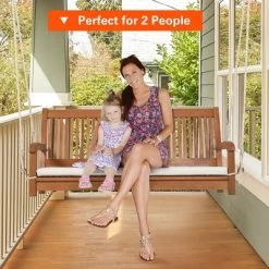 Costway 2-Person Hanging Porch Swing Wood Bench With Cushion Curved Back Outdoor Natural -Outdoor Furniture Store GUEST 0e96600f 91e8 42ac 9355 1c44cb1fa154