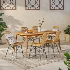 Sawtelle 7pc Outdoor 6 Seater Wicker Dining Set - Teak/Light Brown - Christopher Knight Home
