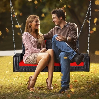 Tangkula Outdoor Wicker Porch Swing Bench 2-Person Patio Rattan Swing Chair W/ Soft Cushions White/Turquoise/Red/Black 5 Tangkula Outdoor Wicker Porch Swing Bench 2-Person Patio Rattan Swing Chair W/ Soft Cushions White/Turquoise/Red/Black - Image 3