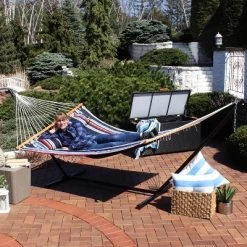 Sunnydaze Decor Sunnydaze Outdoor 2-Person Double Polyester Quilted Hammock With Wood Spreader Bar And 12ft Black Steel Stand -Outdoor Furniture Store GUEST 109ebc5a 9b92 4f70 94e4 820090d8813d