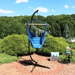 Outdoor Furniture Store 41 Sunnydaze Decor Sunnydaze Double Cushion Hanging Rope Hammock Chair Swing With C-Stand - 265 Lb. Weight Capacity