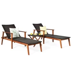 Costway 3PCS Patio Rattan Lounge Chair Chaise Set Wooden Frame Folding Table -Outdoor Furniture Store GUEST 117a2982 9423 42a4 b1a9 437b2852b3df