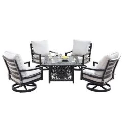 5pc Outdoor Dining Set With 42" Aluminum Square Damask Design Fire Table & Deep Seating Swivel Rocking Chairs - Oakland Living