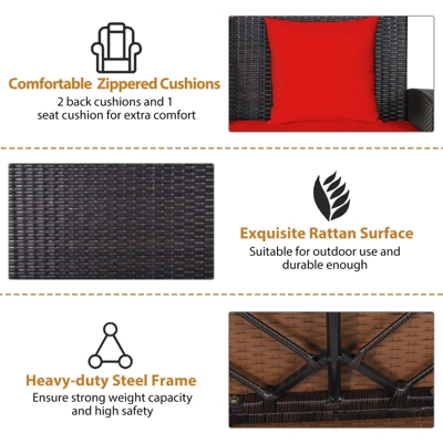 Tangkula Outdoor Wicker Porch Swing Bench 2-Person Patio Rattan Swing Chair W/ Soft Cushions White/Turquoise/Red/Black 8 Tangkula Outdoor Wicker Porch Swing Bench 2-Person Patio Rattan Swing Chair W/ Soft Cushions White/Turquoise/Red/Black - Image 6