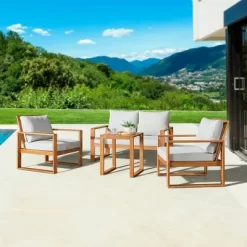 Grafton 4pc Eucalyptus Wood Outdoor Set With Bench, Chairs & Table - Alaterre Furniture