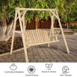 Costway A-Frame Wooden Porch Swing Outdoor Garden Rural Torched Log Curved Back Bench -Outdoor Furniture Store GUEST 1576142e 450f 4264 ae17 5e0b8196d8a0