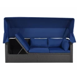 4pc Outdoor Wicker Rectangle Daybed With Canopy & Cushions - Blue - GODEER -Outdoor Furniture Store GUEST 1600b702 0f46 4e93 842b eec9c1361a0e