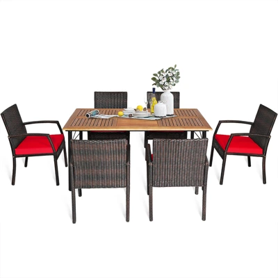 Tangkula 7- Piece Patio Dining Furniture Set Acacia Wood And Wicker Dining Table Armchairs Navy/Red/White/Turquoise 10 Tangkula 7- Piece Patio Dining Furniture Set Acacia Wood And Wicker Dining Table Armchairs Navy/Red/White/Turquoise - Image 8