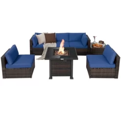 Tangkula Patio Rattan 7PCS Cushioned Chair Set Furniture Set Thick Cushion W/ 50,000 BTU Propane Fire Pit Table For Garden Black/Navy/Red/Turquoise/Off White -Outdoor Furniture Store GUEST 1772ee00 7952 44b5 b893 bee8d9302dea
