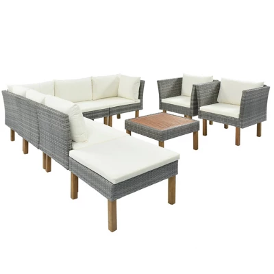 9pc Wicker & Acacia Wood Patio Conversation Set With Cushions - Beige - GODEER 8 9pc Wicker & Acacia Wood Patio Conversation Set With Cushions - Beige - GODEER - Image 6