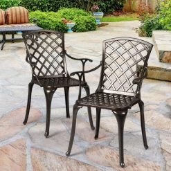 Costway Outdoor Cast Aluminum Arm Dining Chairs Set Of 2 Patio Bistro Chairs, Brown -Outdoor Furniture Store GUEST 1bc82fc2 c72b 4a9d 983e f9f0d0e5121a