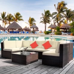 7pc Wicker Patio Sofa Set With Cushions - Brown/Beige - GODEER