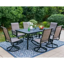 7pc Outdoor Dining Set With Padded Swivel Chairs & Metal Rectangle Table With Umbrella Hole - Gray - Captiva Hole
