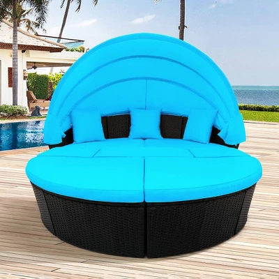 6pc Wicker Round Outdoor Sectional Set With Cushions - Black/Blue - GODEER 5 6pc Wicker Round Outdoor Sectional Set With Cushions - Black/Blue - GODEER - Image 3