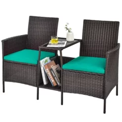 Tangkula Patio Loveseat 2 Person Cushioned Seats With Center Table Outdoor Rattan Furniture Set Turquoise/ Red -Outdoor Furniture Store GUEST 1dca8134 2cc8 4caf 8d7f 545fac7ad773