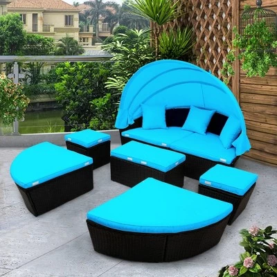 6pc Wicker Round Outdoor Sectional Set With Cushions - Black/Blue - GODEER 4 6pc Wicker Round Outdoor Sectional Set With Cushions - Black/Blue - GODEER - Image 2