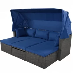 4pc Outdoor Wicker Rectangle Daybed With Canopy & Cushions - Blue - GODEER -Outdoor Furniture Store GUEST 2035c42f a9f0 44e3 b975 a57e86f63d48