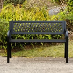 Gardenised Outdoor Steel 47 Park Bench For Yard, Patio, Garden And Deck, Black Weather Resistant Porch Bench, Park Seating -Outdoor Furniture Store GUEST 2045f2a7 a109 4fb7 bf13 6d692dbee5f1