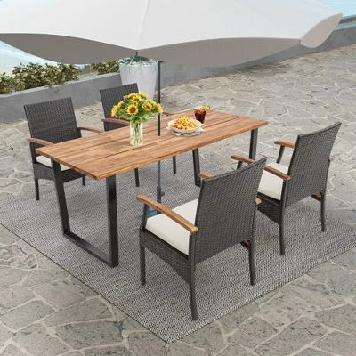 Costway 5 PCS Patio Rattan Dining Set Acacia Wood Table 4 Wicker Chairs With Umbrella Hole 3 Costway 5 PCS Patio Rattan Dining Set Acacia Wood Table 4 Wicker Chairs With Umbrella Hole