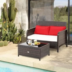 Costway 2PCS Patio Rattan Wicker Love-seat Coffee Table Set Cushioned Bench Garden Deck -Outdoor Furniture Store GUEST 20a1518d 91ad 411b 8469 7b4cf7f0ba42