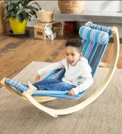 HearthSong - Kids Indoor Lightweight Wood And Blue Cotton Polyester Rocking Floor Hammock With Pillow, 50"L X 14"W -Outdoor Furniture Store GUEST 210bcd60 2c59 4d80 a311 63caa94eb12b