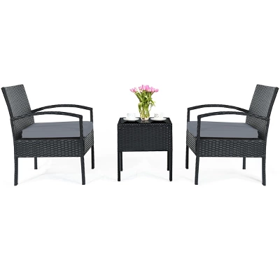 Tangkula 3 Pieces Patio Set Outdoor Wicker Rattan Furniture W/ Cushions Gray 6 Tangkula 3 Pieces Patio Set Outdoor Wicker Rattan Furniture W/ Cushions Gray - Image 4