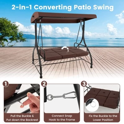 Costway 3-Seat Outdoor Converting Patio Swing Glider Adjustable Canopy Porch Swing Coffee/Black/Red 8 Costway 3-Seat Outdoor Converting Patio Swing Glider Adjustable Canopy Porch Swing Coffee/Black/Red - Image 6