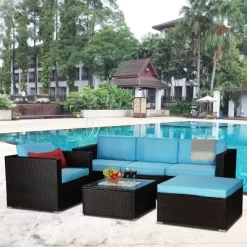 6pc Outdoor Rattan Wicker Set With Sofas, Chairs, Coffee Table & Ottoman - Brown/Blue - GODEER