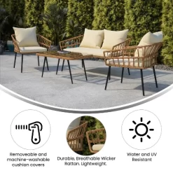 Emma And Oliver Four Piece Indoor/Outdoor Boho Open Weave Natural Rattan Rope Patio Set With Two Chairs, Loveseat And Table With Cushions -Outdoor Furniture Store GUEST 251a410d ef08 45a2 93ad 7955f6a68696