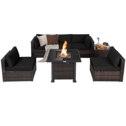 Tangkula Patio Rattan 7PCS Cushioned Chair Set Furniture Set Thick Cushion W/ 50,000 BTU Propane Fire Pit Table For Garden Black/Navy/Red/Turquoise/Off White -Outdoor Furniture Store GUEST 2588baa1 d80e 4f2d 9c5a 715de2f596c1