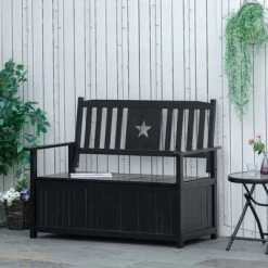 Outsunny Outdoor Wooden Storage Bench Deck Box, Wood Patio Furniture, 43 Gallon Pool Storage Bin Container With Cloth, Backrest, Armrests, Star, Black