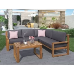 3pc Outdoor Acacia Wood Sectional Conversation Set With Cushions - Gray - GODEER